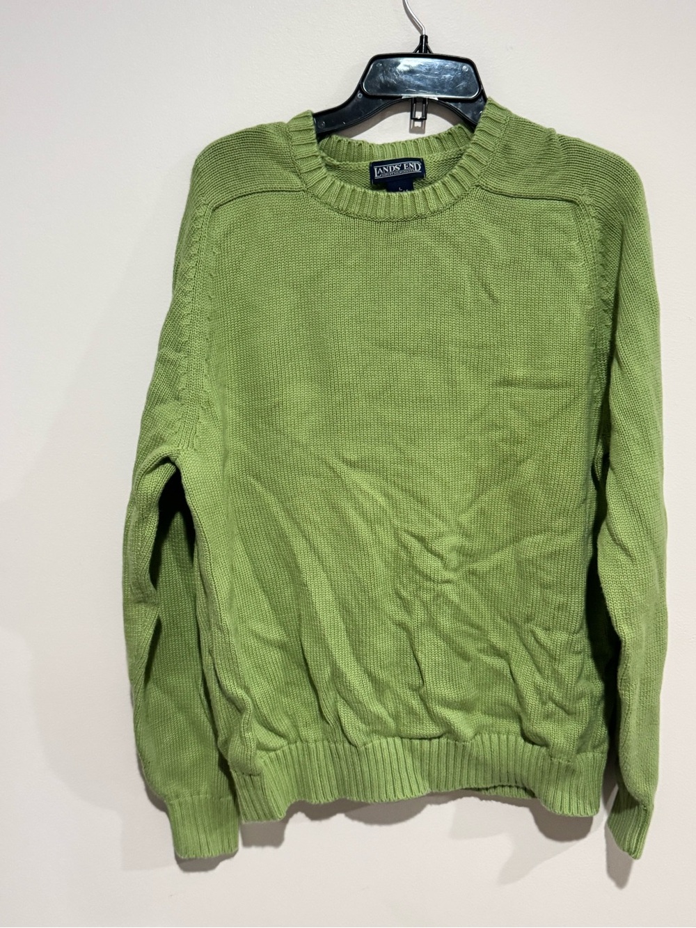 EUC Lands' End Drifter Mens Large Green 100% Cotton Crew Neck Knit Sweater 42-44